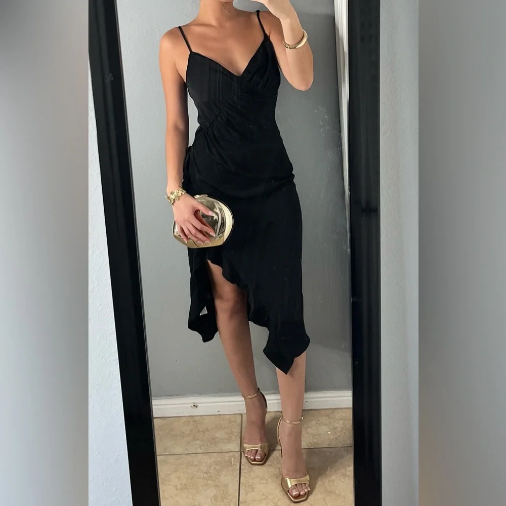 Revolve Black ruffle asymmetrical hem high slit Midi Dress S cocktail datenight - Picture 5 of 15